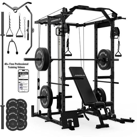 Power Rack Cage, 1500LBS Weight Cage with 800LB Capacity Adjustable Weight Bench, 1500LB Capacity Barbell and 230LB Weight Plate Set(B230B)