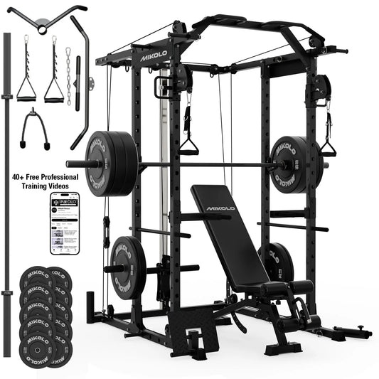 Power Rack Cage, Weight Cage with 800LB Capacity Adjustable Weight Bench, 1500LB Capacity Barbell and 340LB Weight Plate Set Combo Home Gym Package(B340)