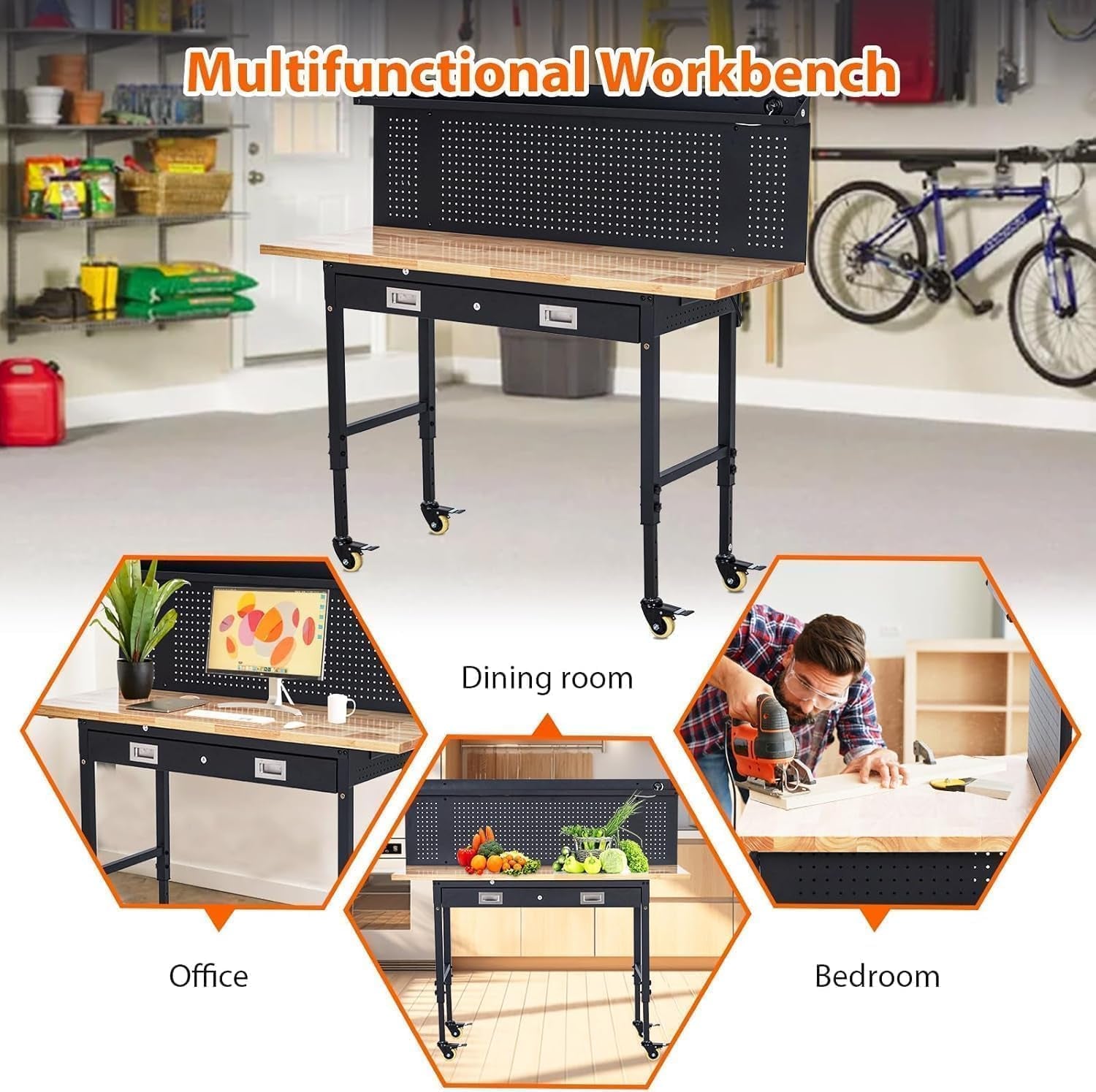 60X22 Inch Garage Workbench with Drawer & Pegboard, Rubberwood Top Work Benches with Wheels & Power Outlet, Adjustable Height Work Table, 2000LBS Max Load Heavy Duty Workbench for Workshop Home Use
