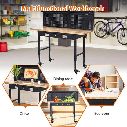 60X22 Inch Garage Workbench with Drawer & Pegboard, Rubberwood Top Work Benches with Wheels & Power Outlet, Adjustable Height Work Table, 2000LBS Max Load Heavy Duty Workbench for Workshop Home Use
