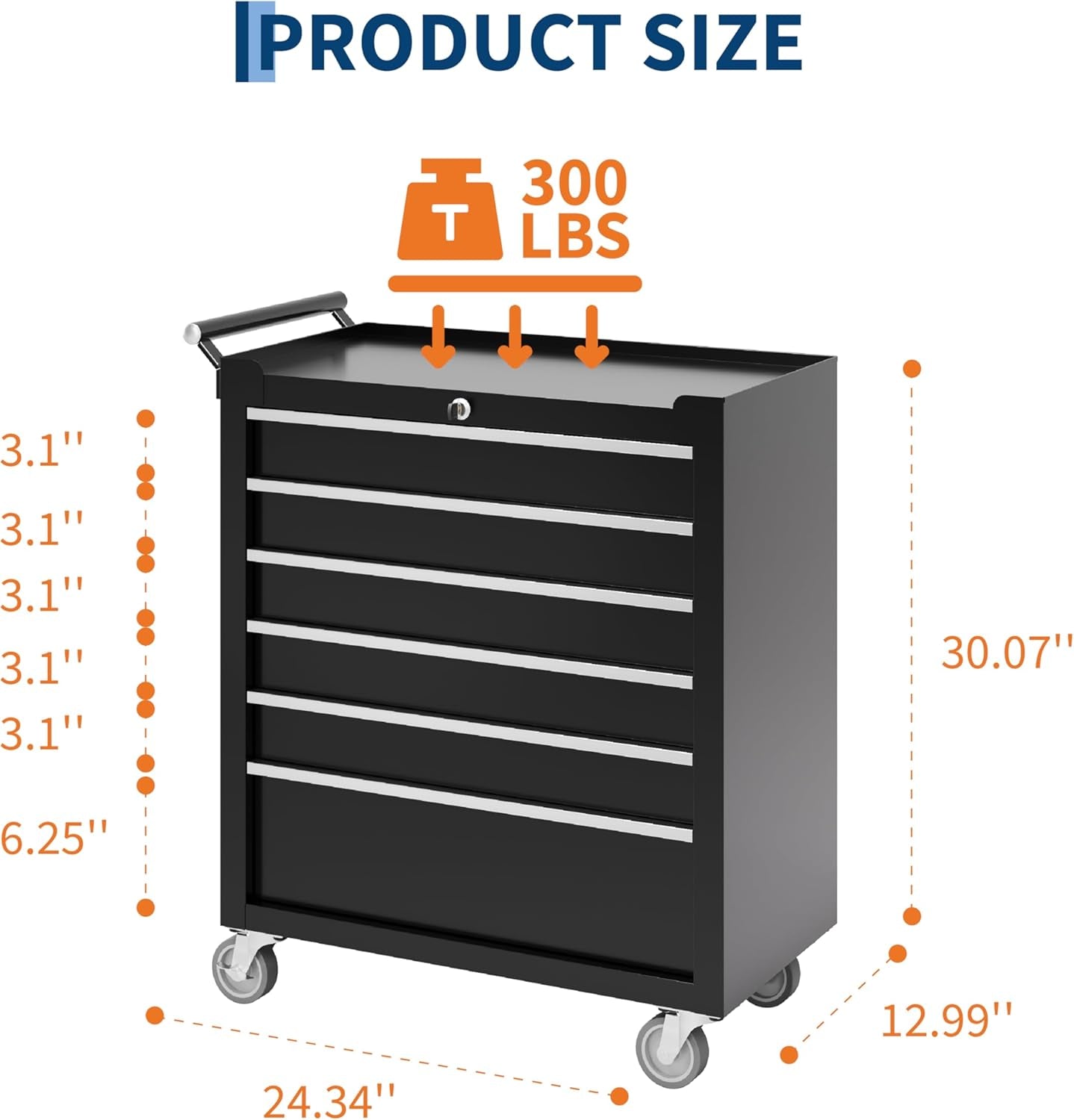 Rolling Tool Chest, 6 Drawers Tool Storage Cabinet, Toolbox with Wheels, Portable Tool Cabinet Organizer with Locking System & Drawer Liners, Tool Storage Cart for Garage, Workshop, Black