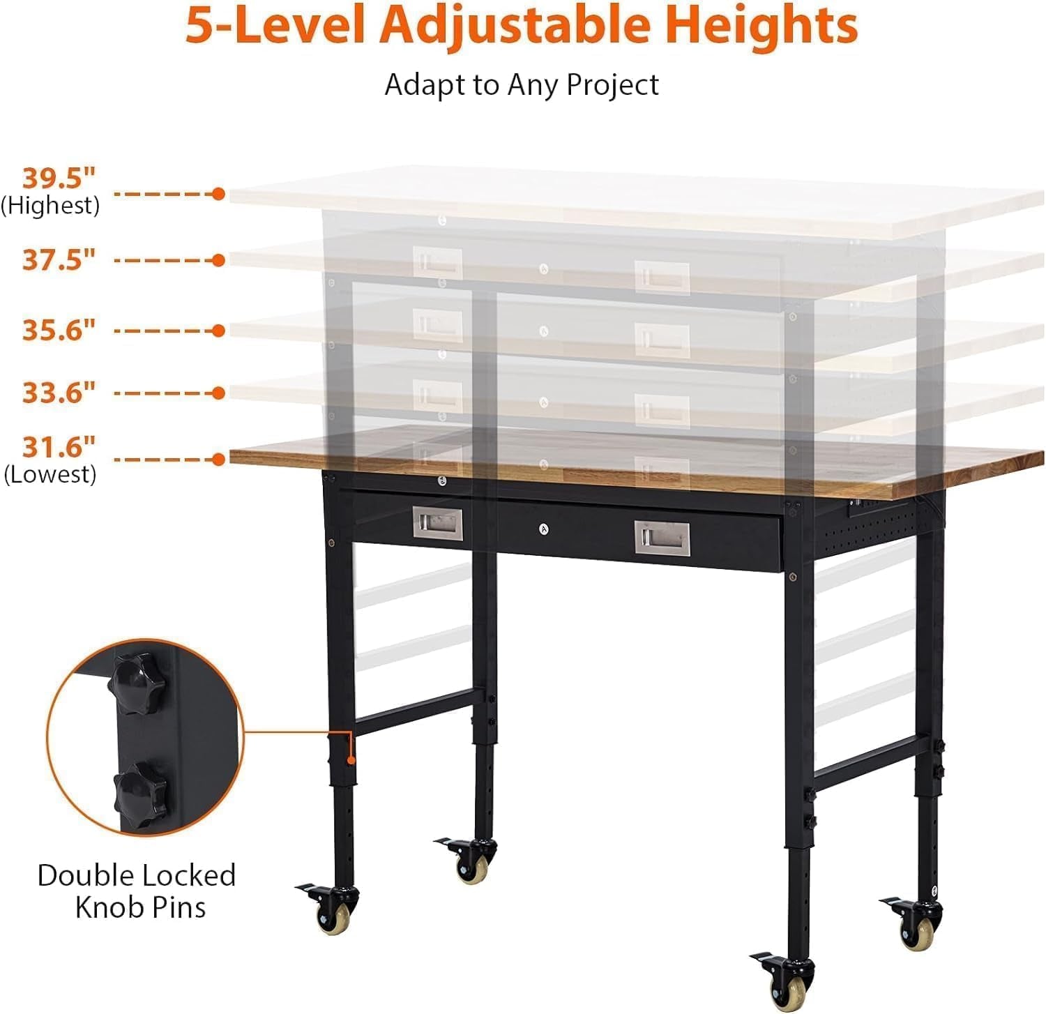 60X22 Inch Garage Workbench with Drawer & Pegboard, Rubberwood Top Work Benches with Wheels & Power Outlet, Adjustable Height Work Table, 2000LBS Max Load Heavy Duty Workbench for Workshop Home Use