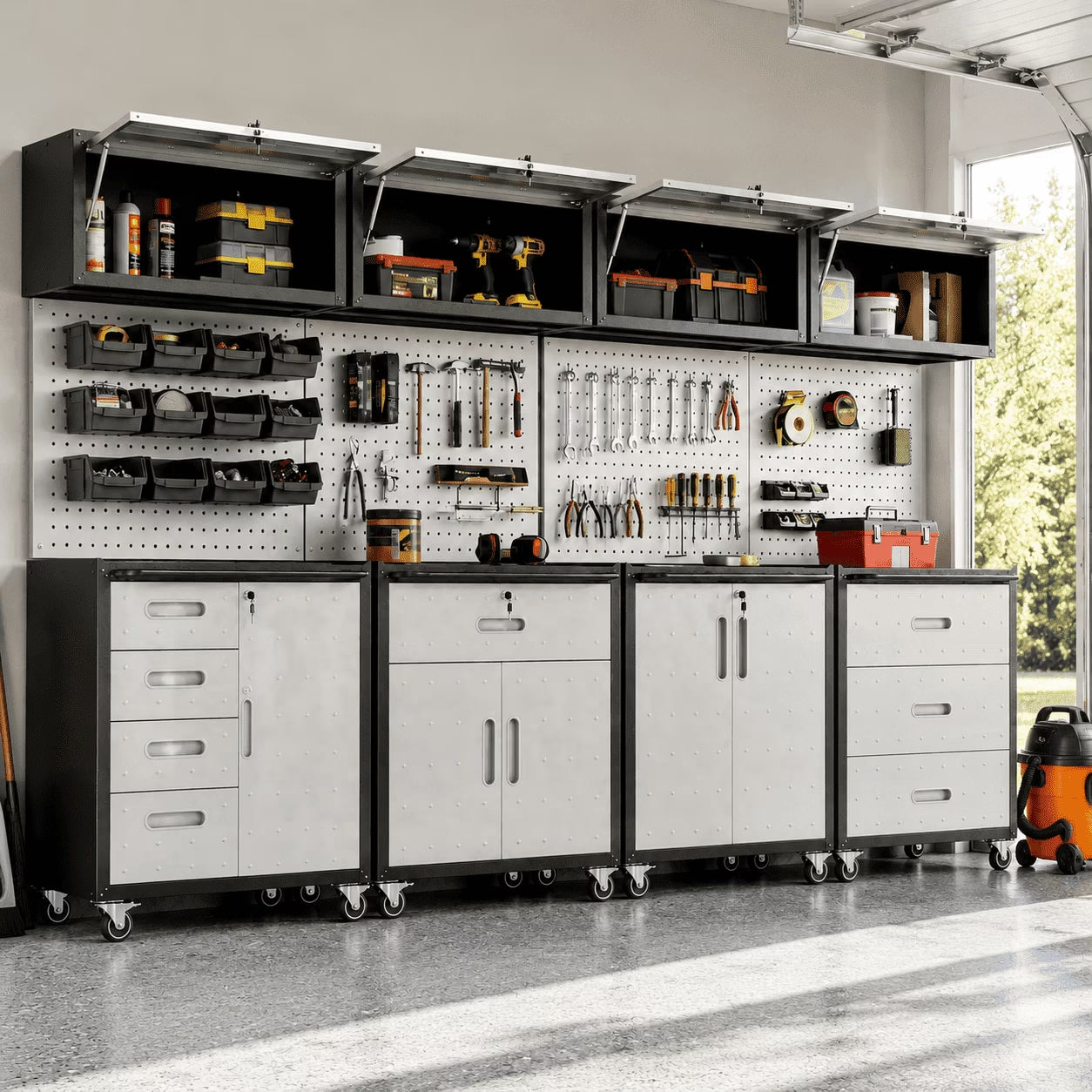 8-Piece Garage Storage System with Workbench, Heavy Duty Metal Garage Cabinets, Lockable Steel Tool Organizer, Modular Workshop Storage Cabinet Set, Gray