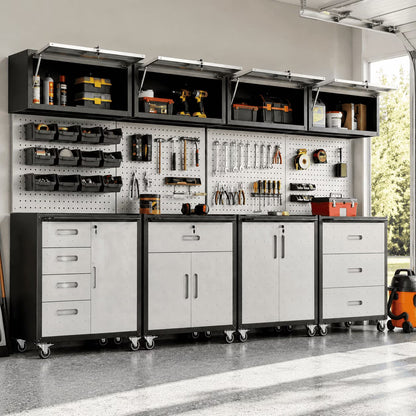 8-Piece Garage Storage System with Workbench, Heavy Duty Metal Garage Cabinets, Lockable Steel Tool Organizer, Modular Workshop Storage Cabinet Set, Gray