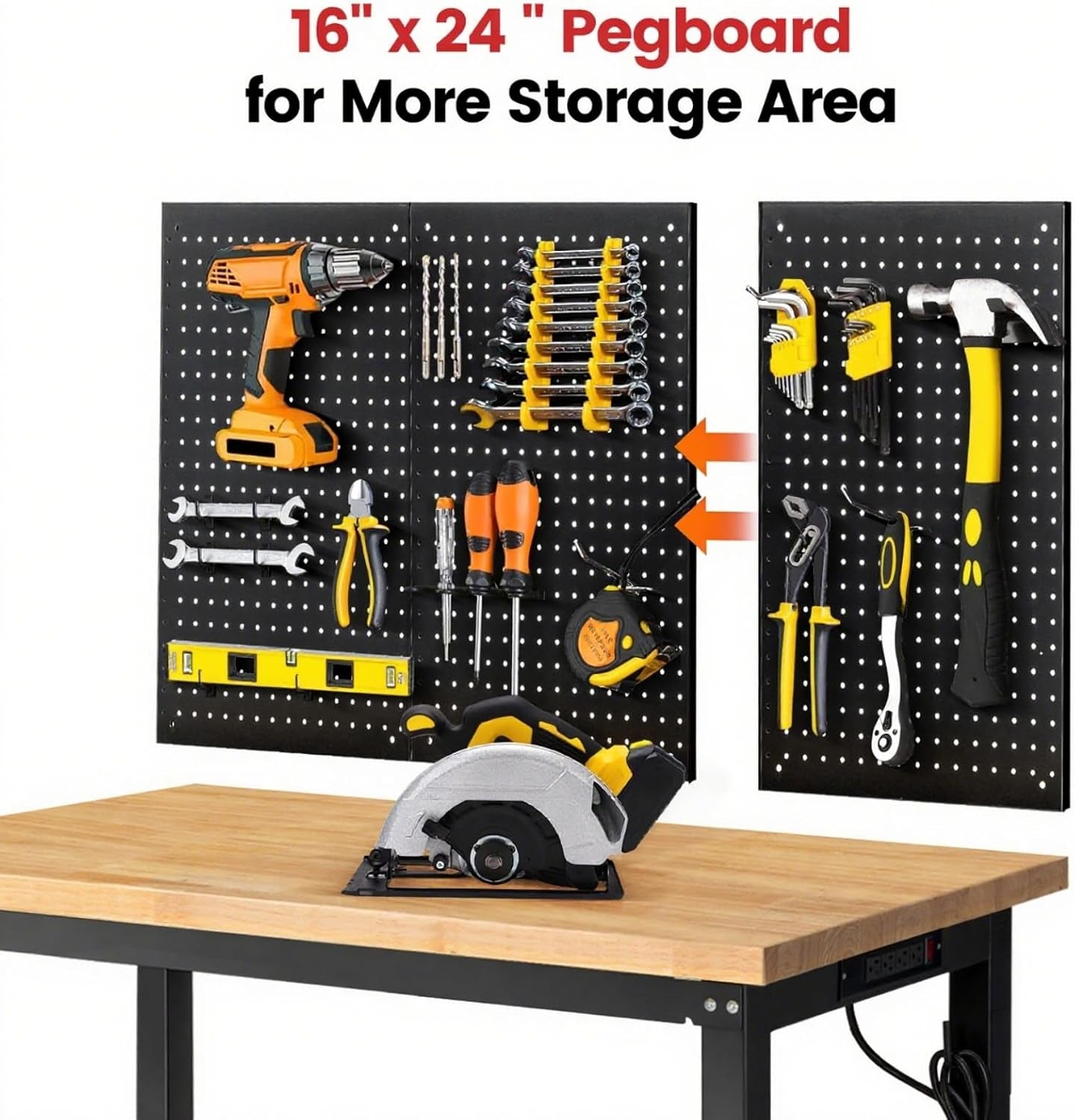 48" Heavy Duty Workbench for Garage, Adjustable Height Work Table with Storage Shelf, Pegboard, Power Outlets & Rubberwood Top for Workshop, Home, Office
