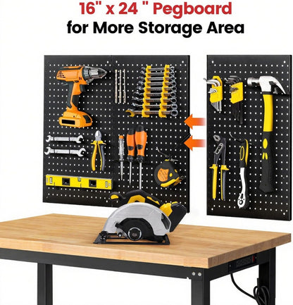 48" Heavy Duty Workbench for Garage, Adjustable Height Work Table with Storage Shelf, Pegboard, Power Outlets & Rubberwood Top for Workshop, Home, Office